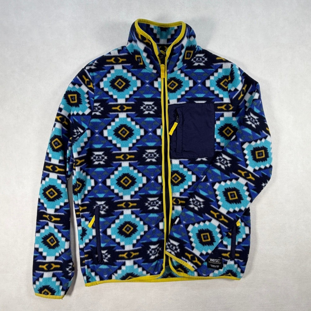 WESC Mens Medium Geometric Fleece Jacket Blue Yellow‎ Aztec Southwestern Zip Up